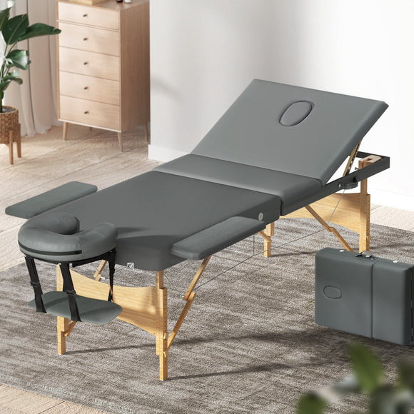 Zenses Massage Table 75cm 3 Fold Wooden Portable Beauty Therapy Bed Waxing Grey - RnR Galore
