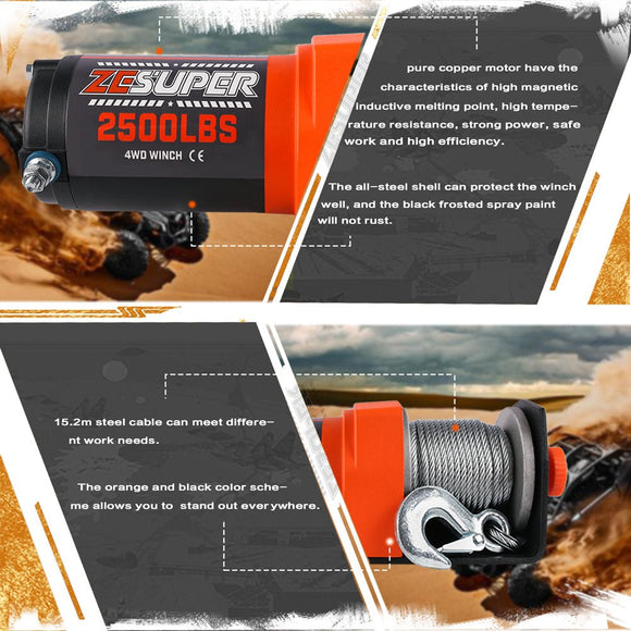 ZESUPER Electric Winch 2500LBS/1134KG 12V 15.2M Steel Cable ATV UTV 4WD 4X4 Boat - RnR Galore